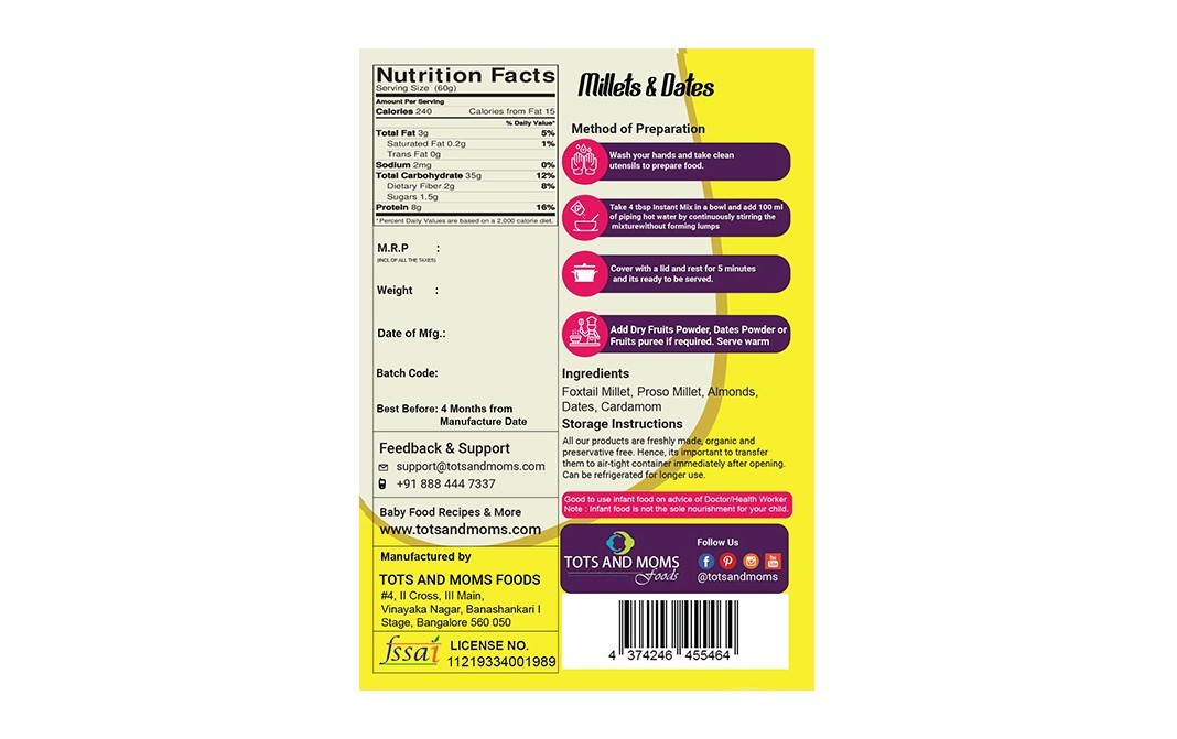 Tots And Moms Foods Instant Millets & Dates   Pack  200 grams